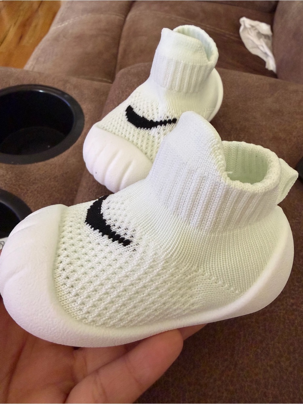 Nike Baby White Sock-Style Knit Shoes with Black Swoosh